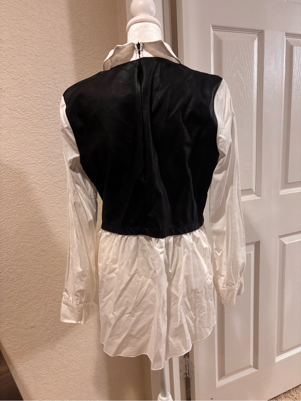 Women's Black faux leather Overlay & White Button-Down Shirt - Picture 5 of 12